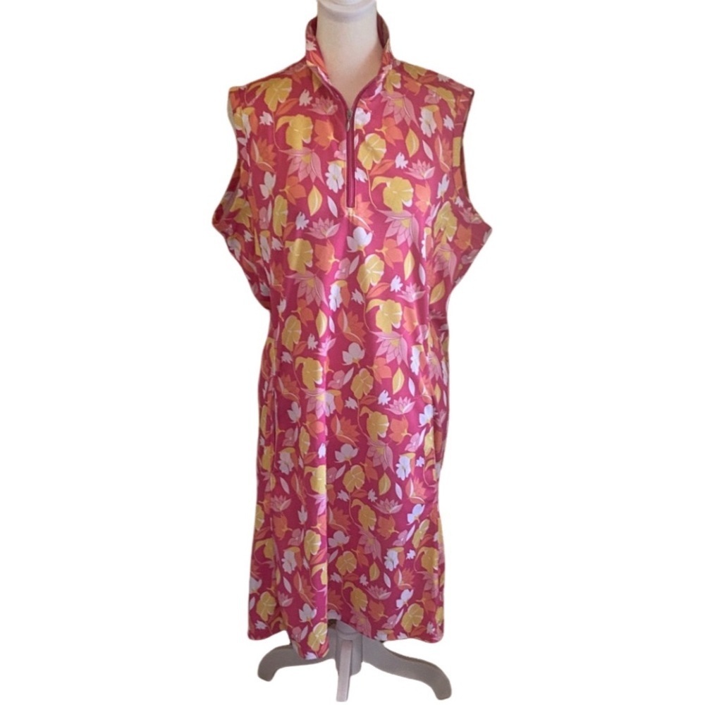 Bermuda Sands Floral Sleeveless Dress in Pink and Yellow. Zipper,Pockets. Sz L.